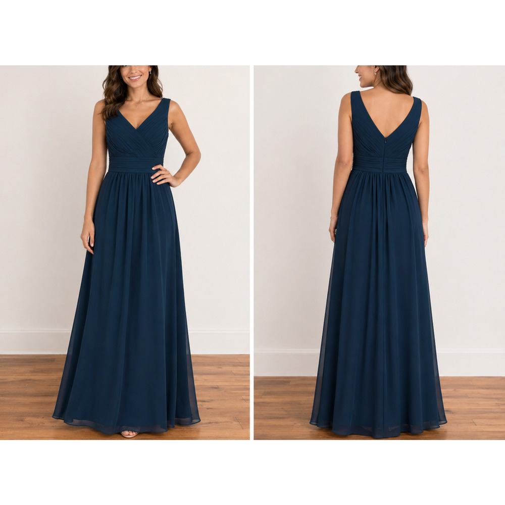 Azazie Navy Chiffon Maxi Dress Size Small (C) Formal Evening Wedding Bridesmaid